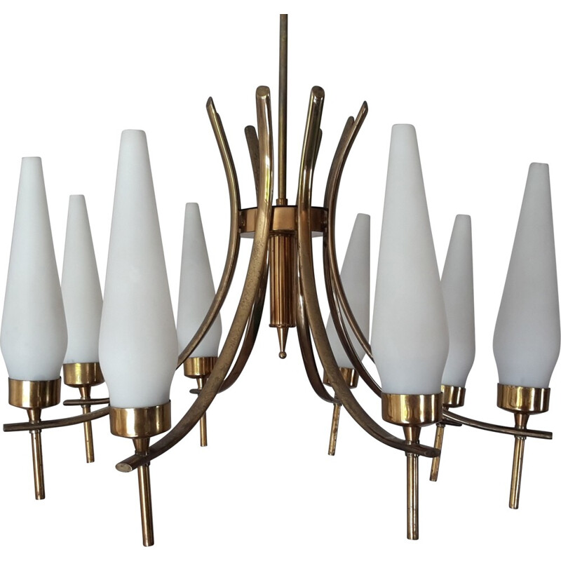 Italian "Tulip" chandelier in glass and brass - 1950s