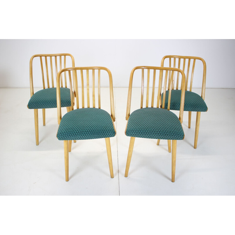 Juego de 4 sillas vintage de madera y tela de Antonin Suman, Checoslovaquia 1960