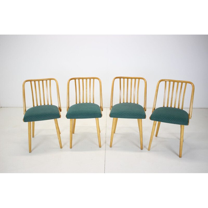 Juego de 4 sillas vintage de madera y tela de Antonin Suman, Checoslovaquia 1960