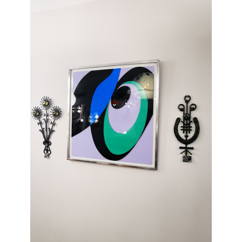 Vintage abstract painting in colored plexiglass in molded and chromed metal, 1970