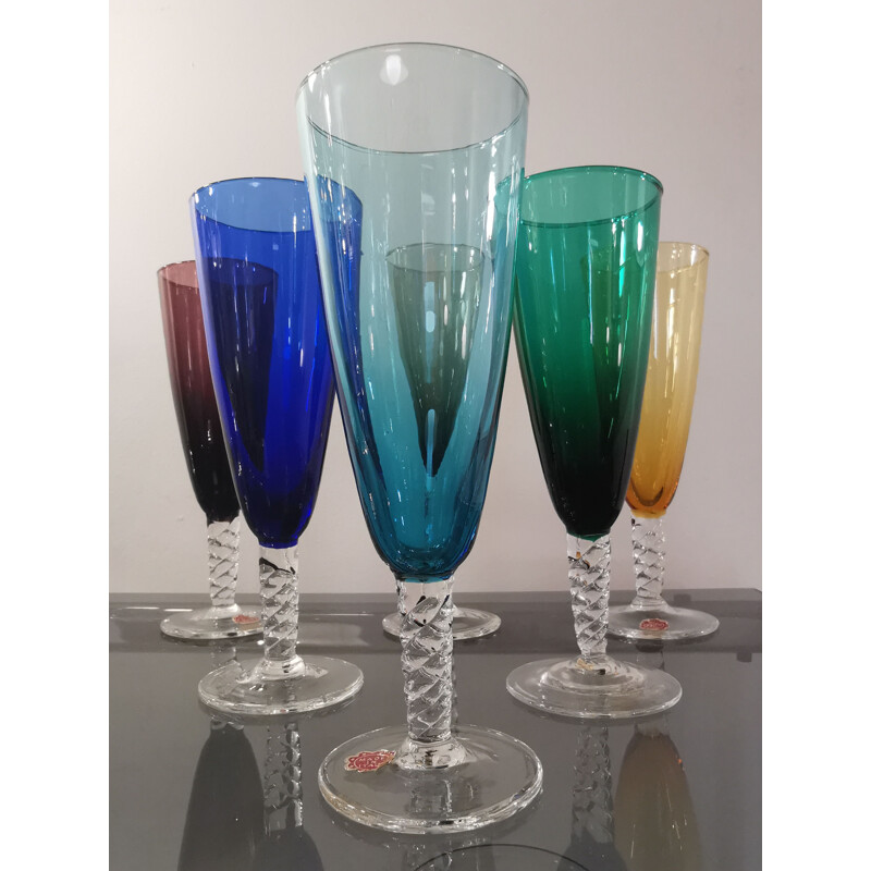 Set of 6 vintage Murano glass champagne flutes, 1960