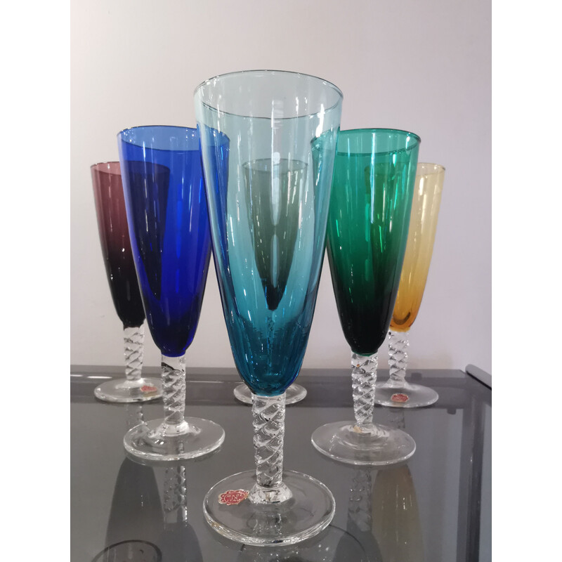 Set of 6 vintage Murano glass champagne flutes, 1960