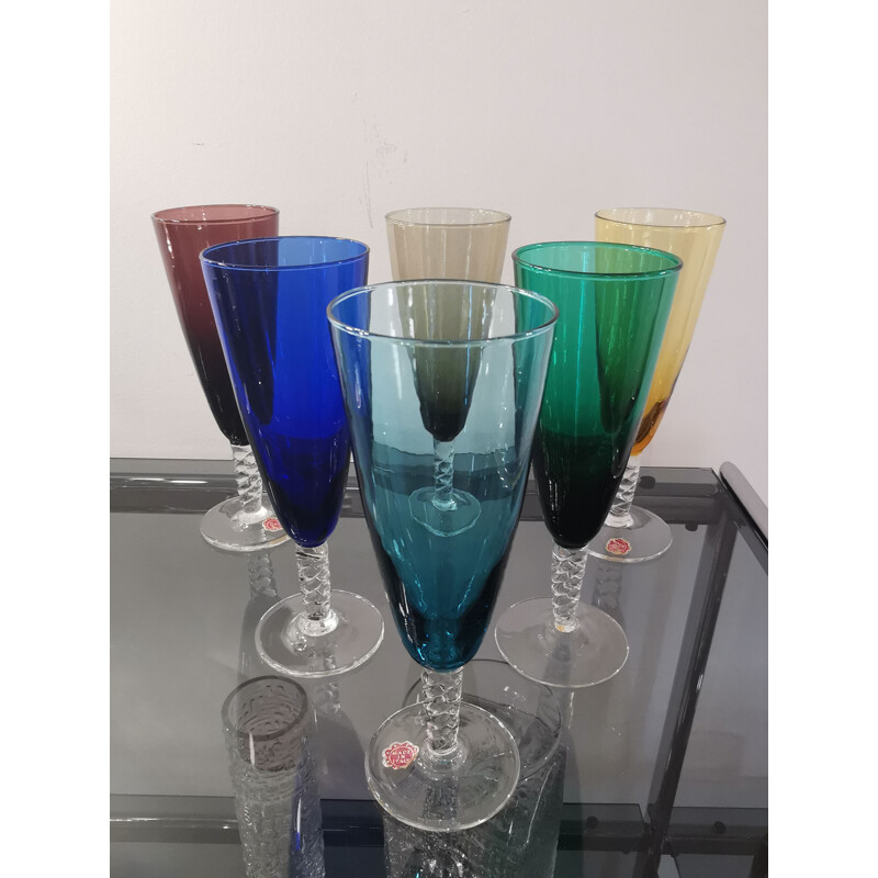 Set of 6 vintage Murano glass champagne flutes, 1960