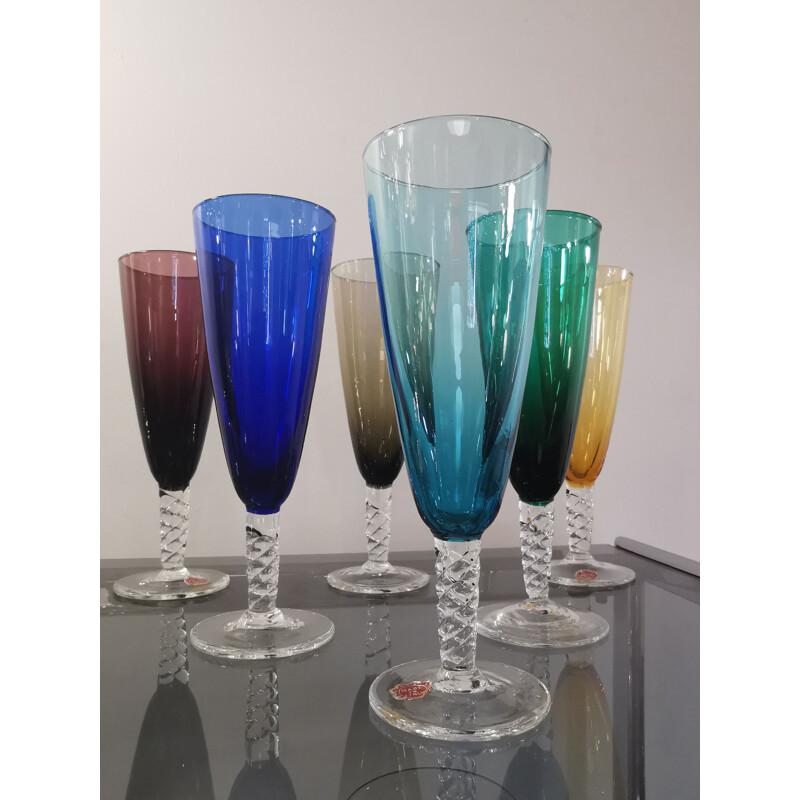 Set of 6 vintage Murano glass champagne flutes, 1960