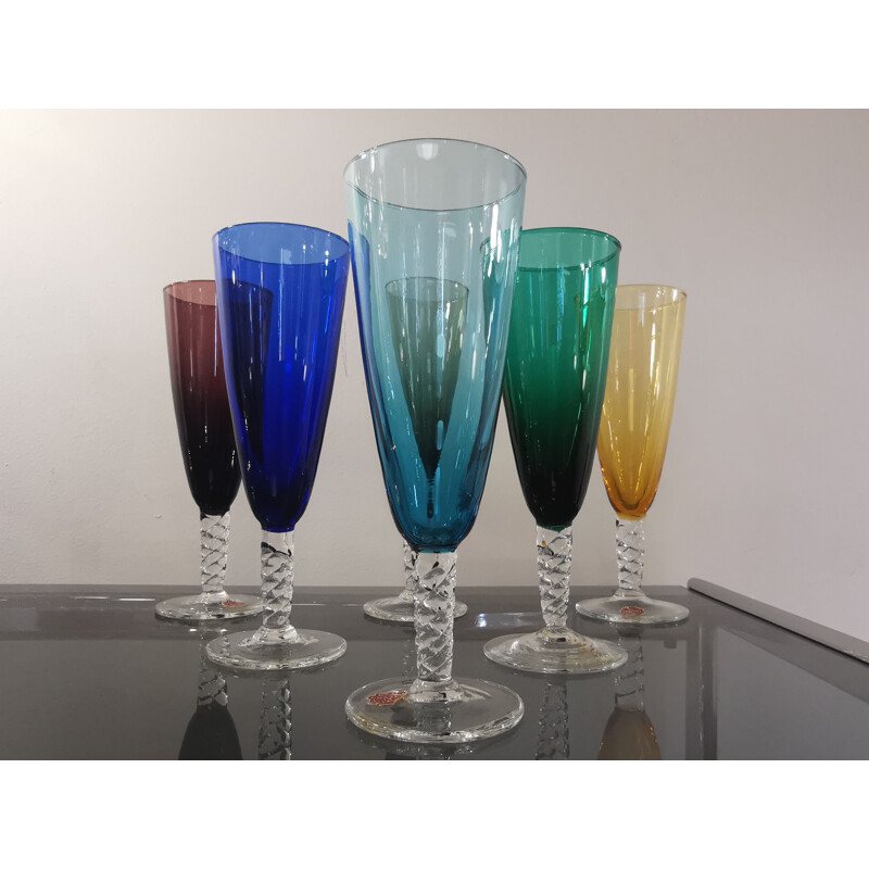Set of 6 vintage Murano glass champagne flutes, 1960