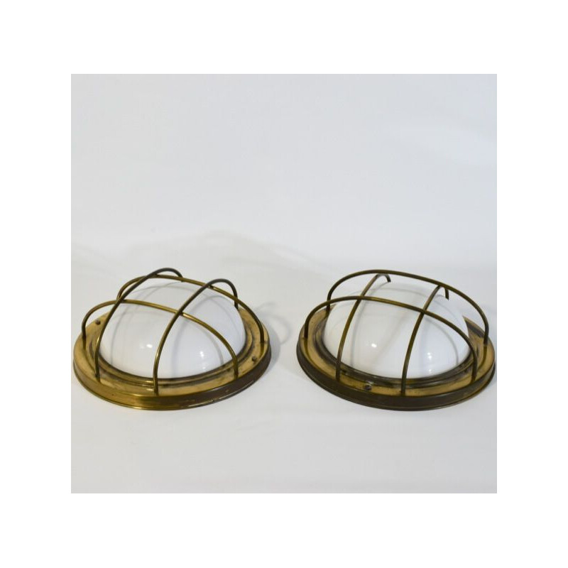 Pair of vintage brass and opaline wall lamps, 1930-1940
