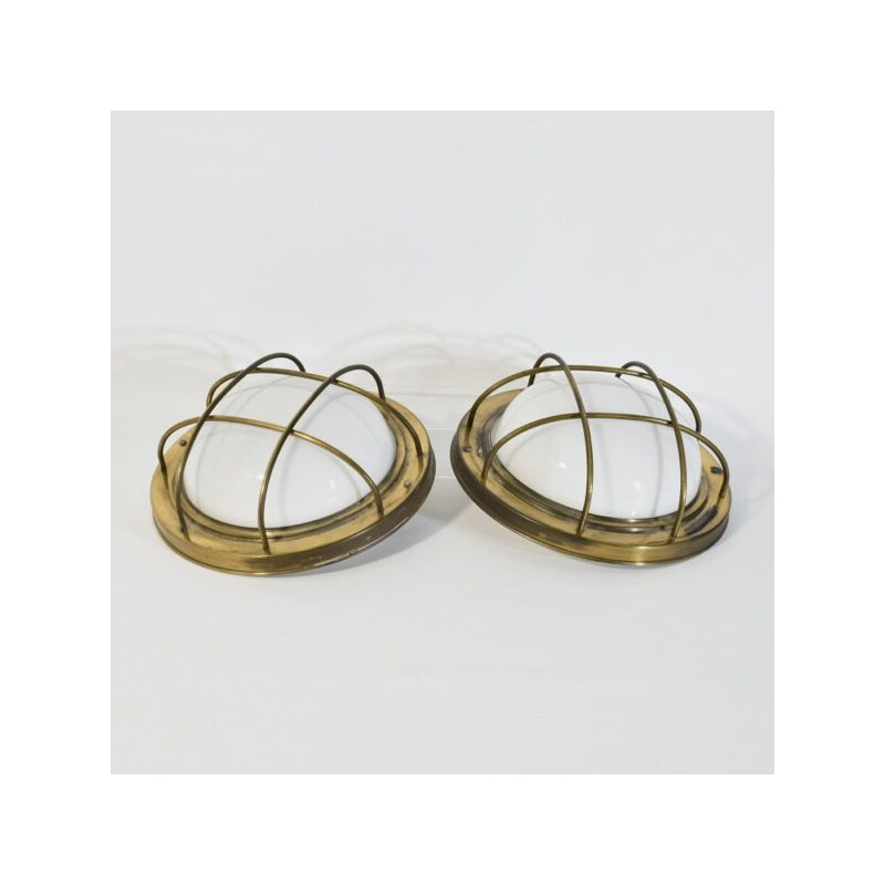 Pair of vintage brass and opaline wall lamps, 1930-1940