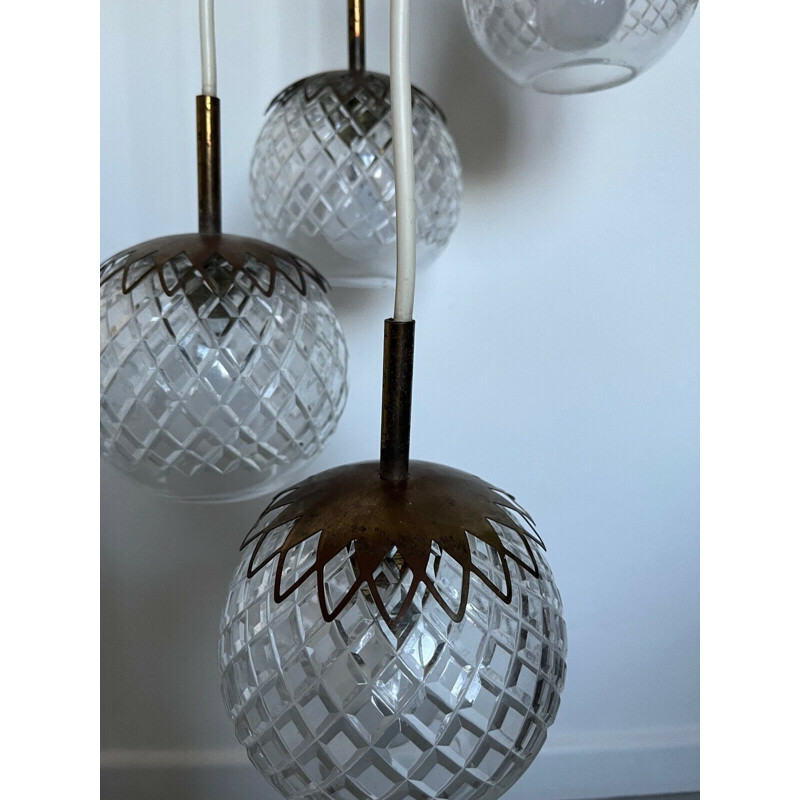 Vintage Italian 5-light pendant lamp in gold brass and textured glass, 1970