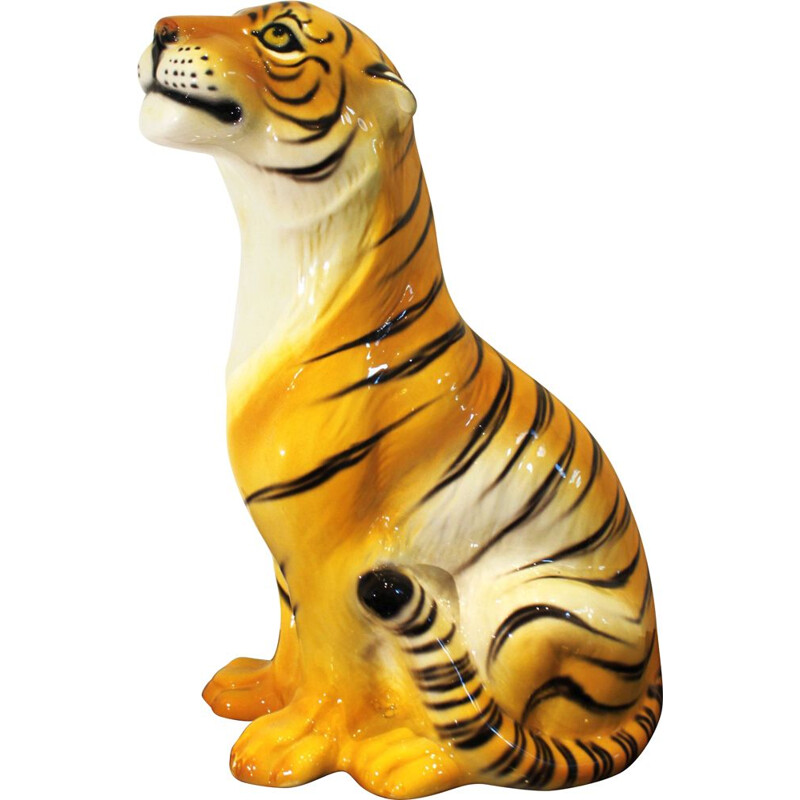 Vintage ceramic and terra cotta tiger sculpture, Italy 1970