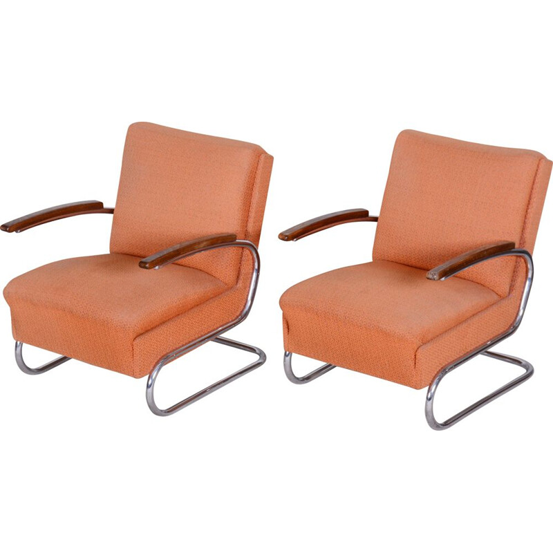 Paar vintage oranje Bauhaus fauteuils van Marcel Breuer voor Mucke Melder, 1930