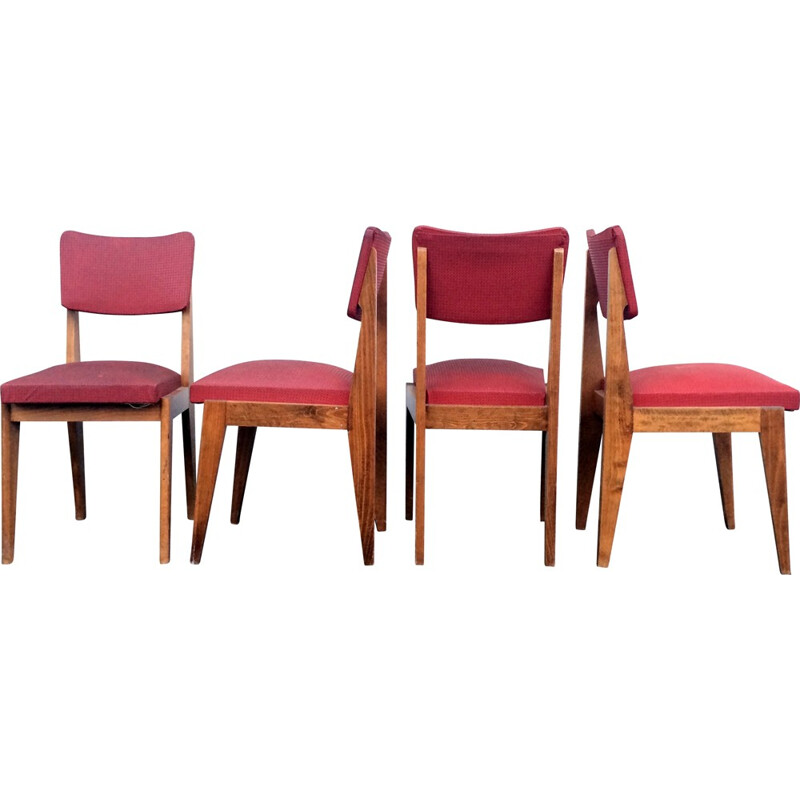 Set of 4 chairs in solid oak and red skai - 1950s