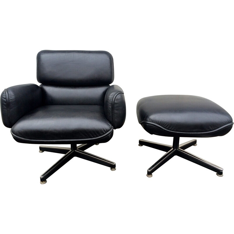 Knoll lounge chair with ottoman in black leather, Otto ZAPF - 1970s