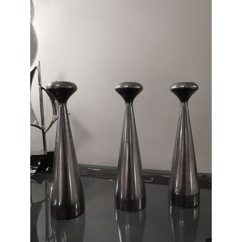 Set of 3 Scandinavian vintage steel candlesticks, 1970