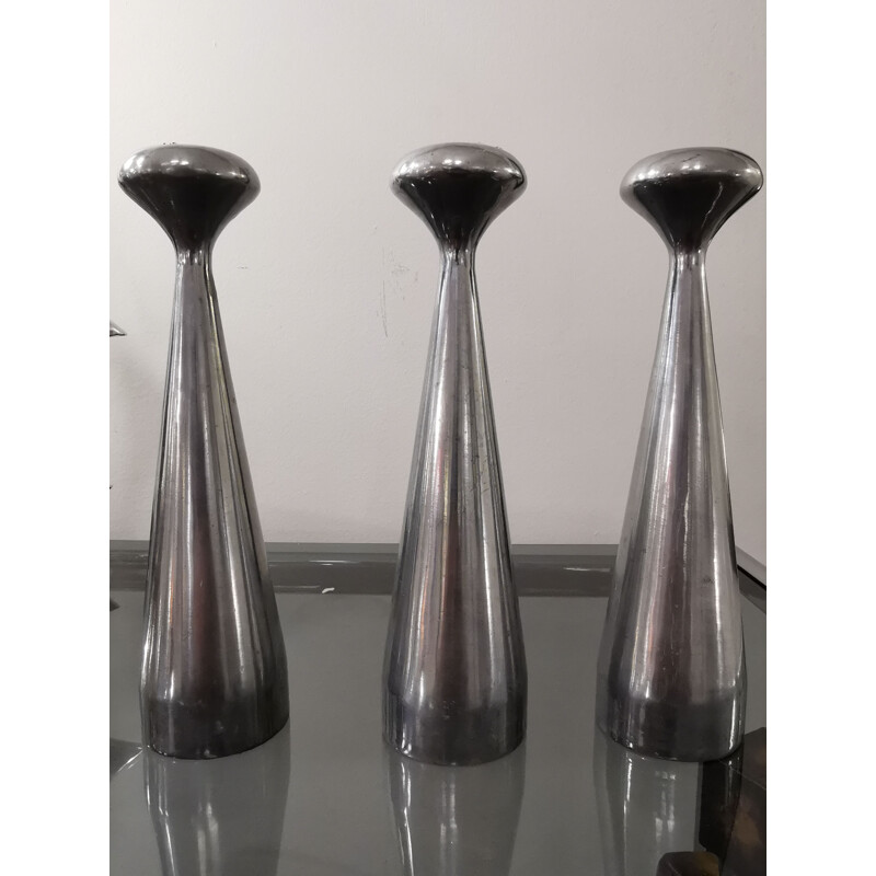 Set of 3 Scandinavian vintage steel candlesticks, 1970