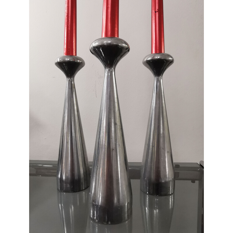 Set of 3 Scandinavian vintage steel candlesticks, 1970
