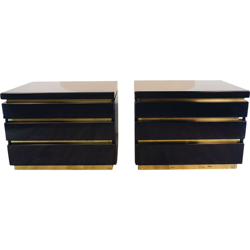 Pair of vintage night stands in lacquered wood and brass by Jean-Claude Mahey, 1970