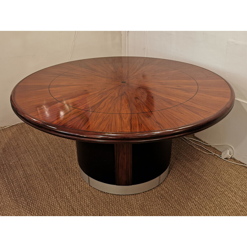 Round vintage table in rosewood and leather