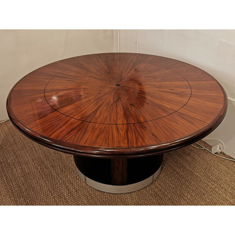 Round vintage table in rosewood and leather