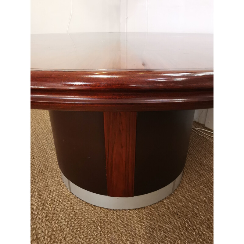 Round vintage table in rosewood and leather