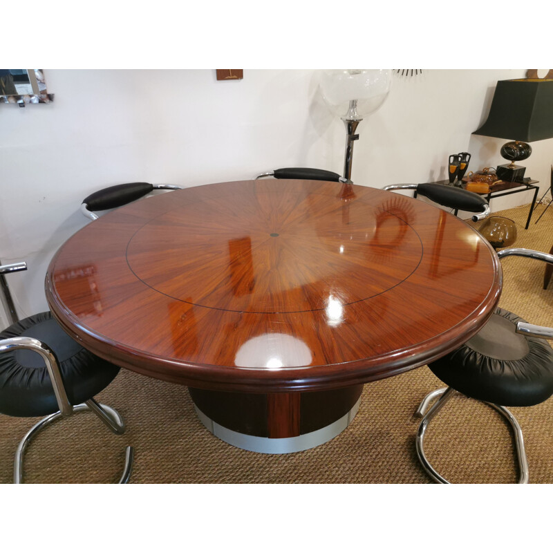Round vintage table in rosewood and leather
