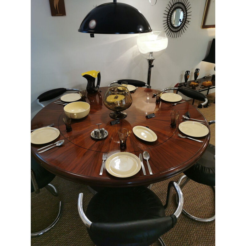 Round vintage table in rosewood and leather