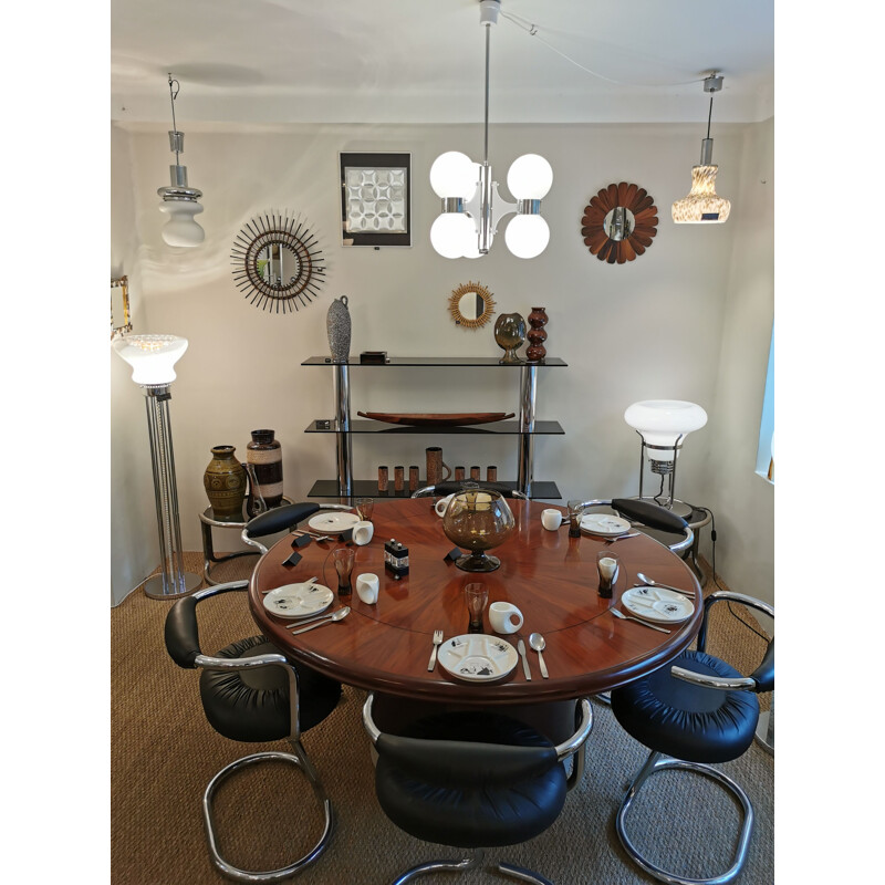 Table ronde vintage en palissandre et cuir