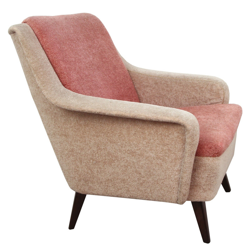 Bicolour armchair in beige and light pink velvet - 1950s