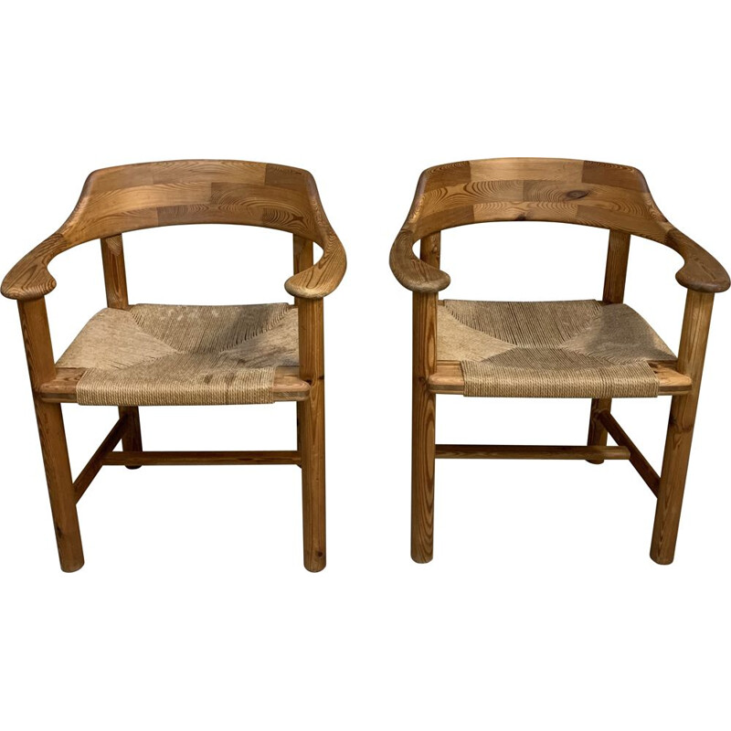 Paire de fauteuils vintage en pin et cordage de Rainer Daumiller