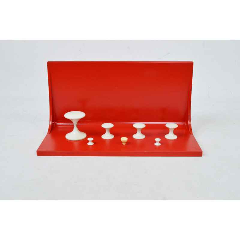 Vintage plastic and wood coat rack painted in red white with shelf, 1970
