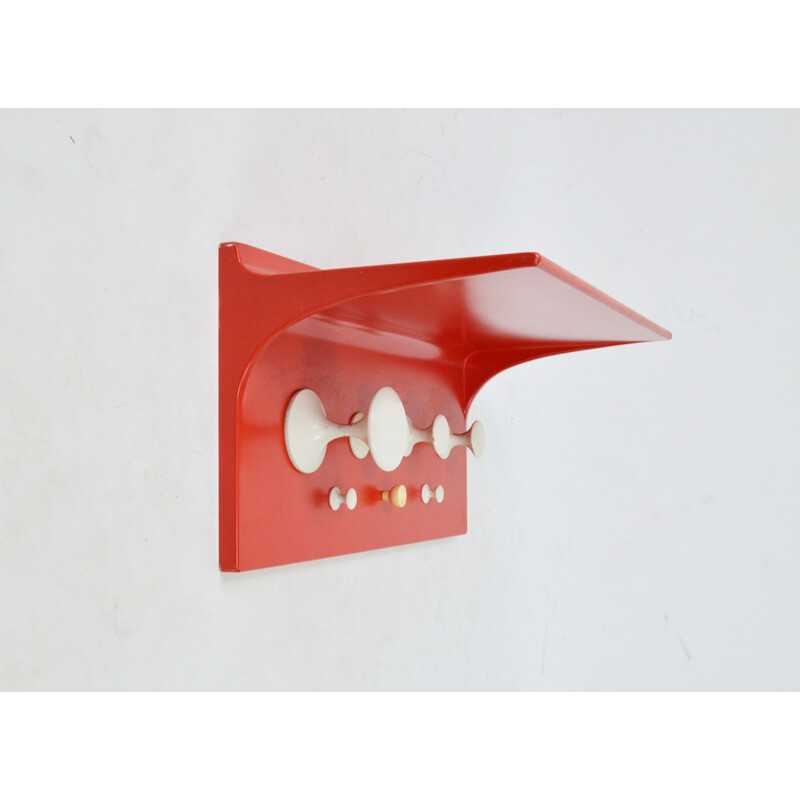 Vintage plastic and wood coat rack painted in red white with shelf, 1970