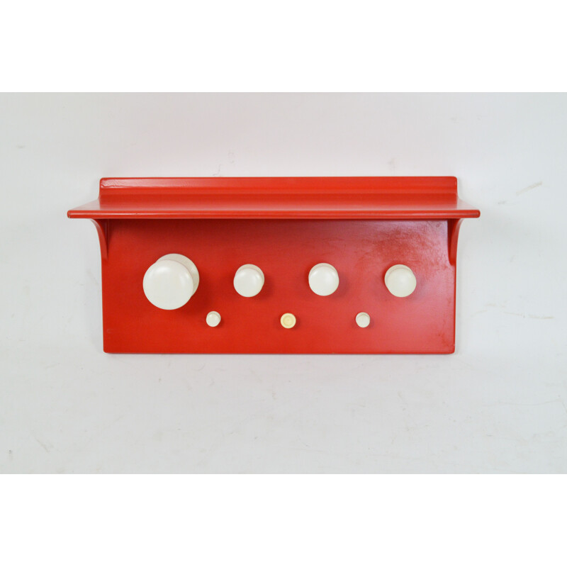 Vintage plastic and wood coat rack painted in red white with shelf, 1970