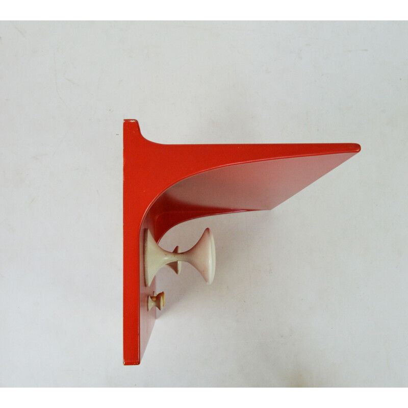 Vintage plastic and wood coat rack painted in red white with shelf, 1970