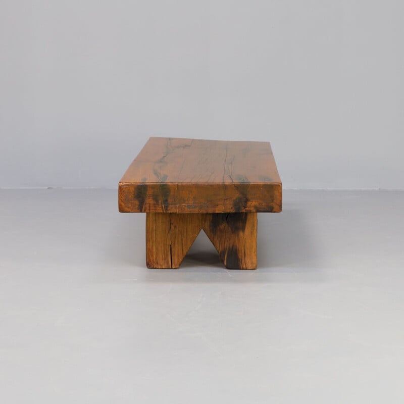 Table basse brutaliste vintage en chêne