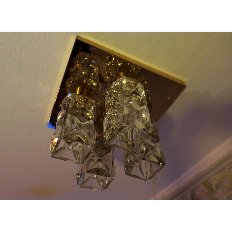 Vintage Kinkeldey gold plated brass & faceted glass ceiling lamp, 1960s