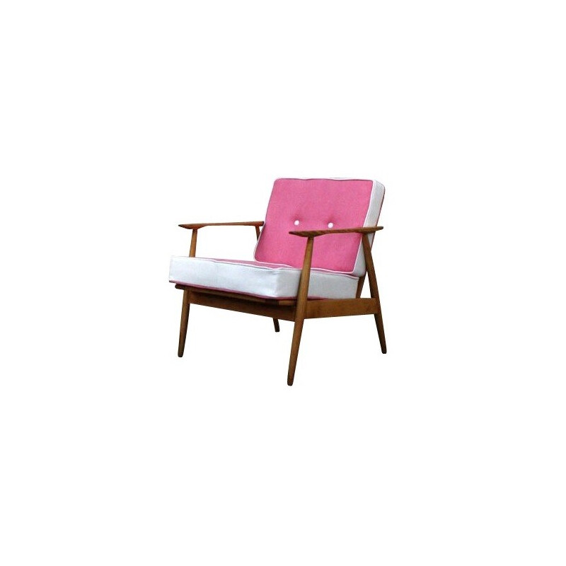 Scandinavian armchair in wood and pink fabric - 1960s