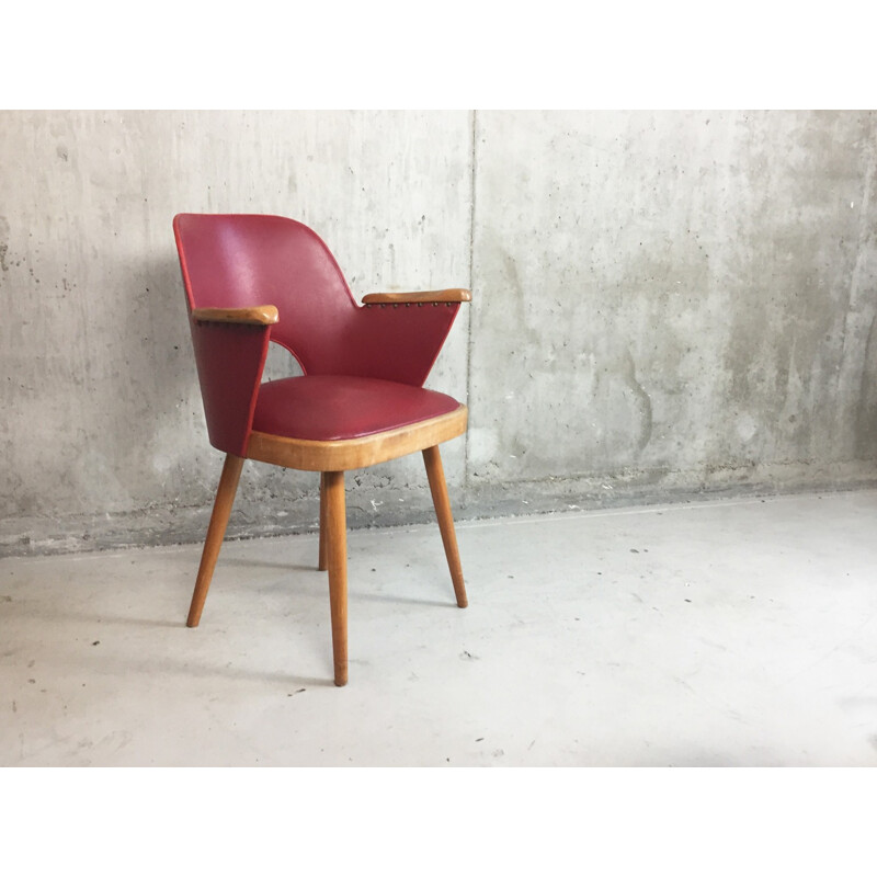 Mid century French red vinyl chair with beech frame and studs - 1960s