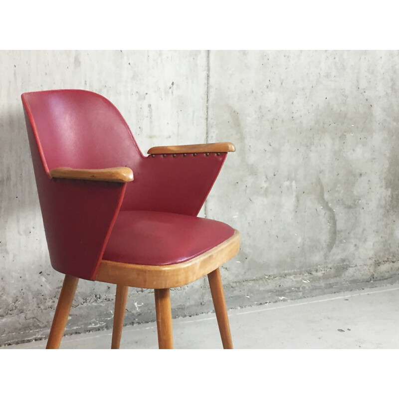 Mid century French red vinyl chair with beech frame and studs - 1960s