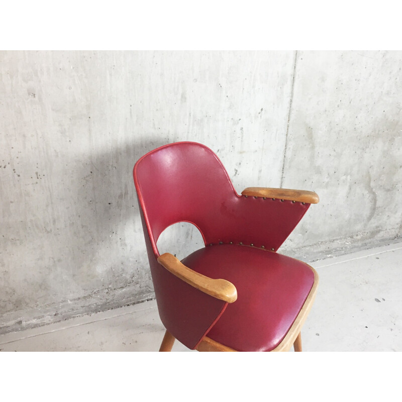 Mid century French red vinyl chair with beech frame and studs - 1960s