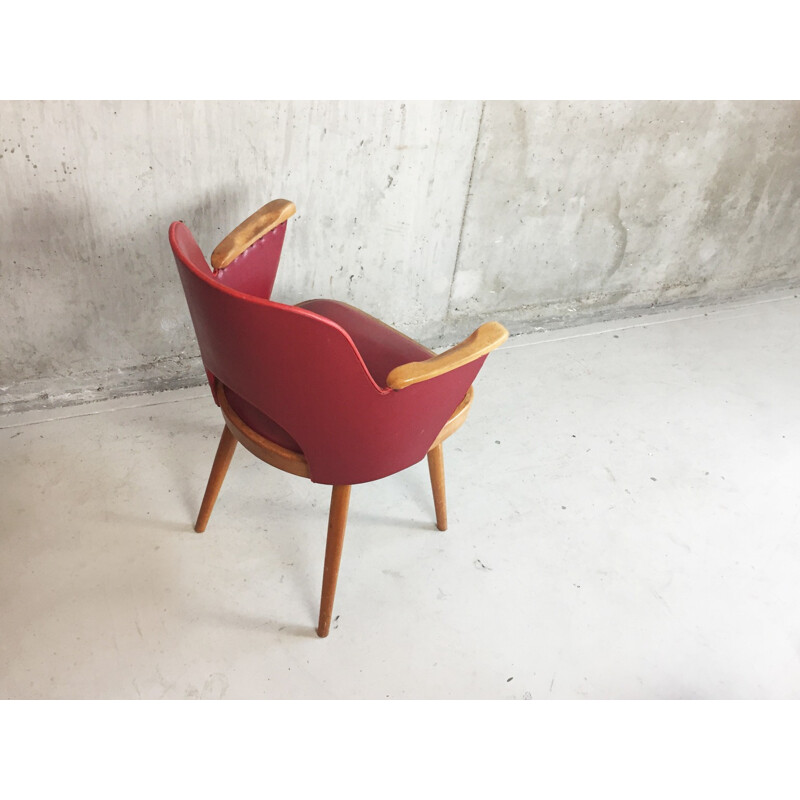 Mid century French red vinyl chair with beech frame and studs - 1960s