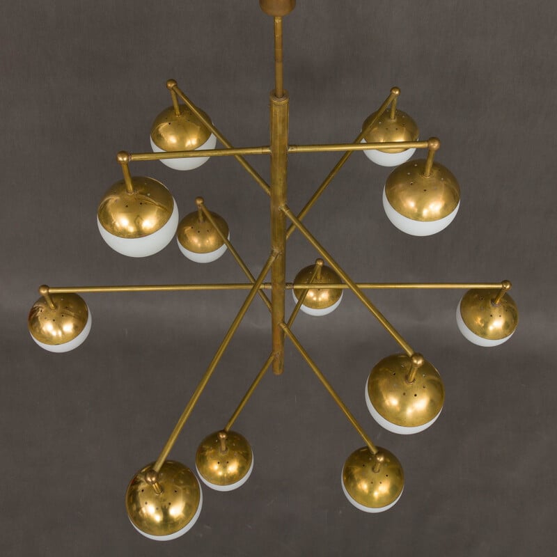 Italian brass mid century chandelier with 12 opaline glass shades, 1970s