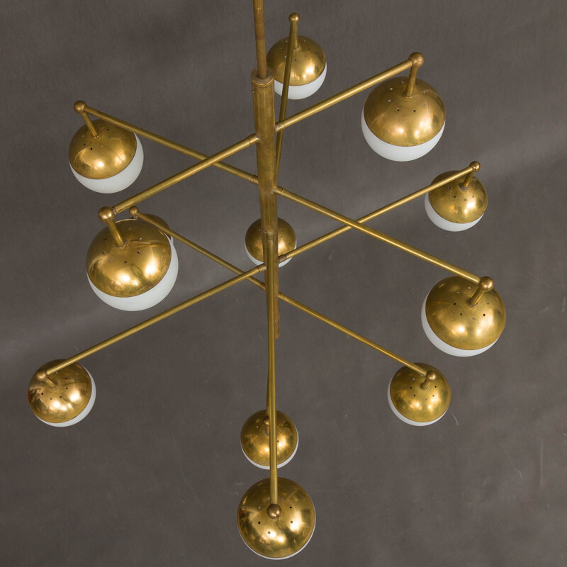 Italian brass mid century chandelier with 12 opaline glass shades, 1970s