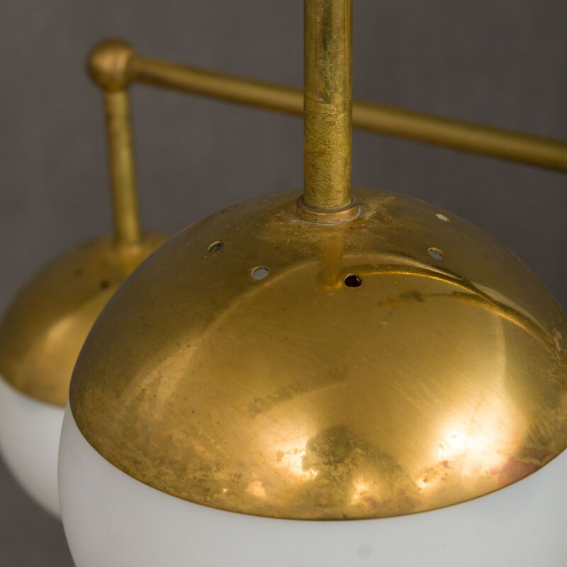 Italian brass mid century chandelier with 12 opaline glass shades, 1970s