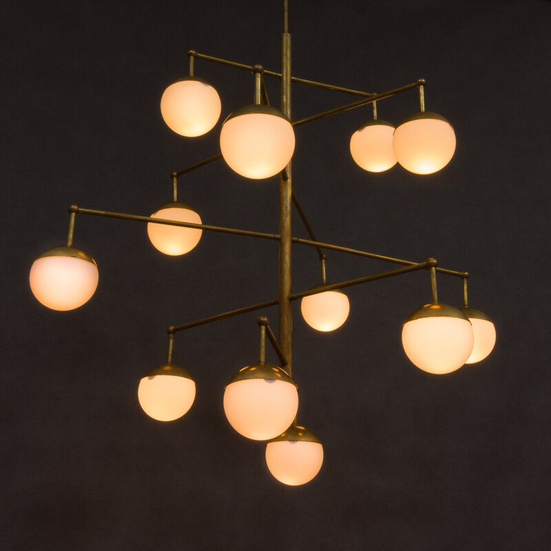 Italian brass mid century chandelier with 12 opaline glass shades, 1970s