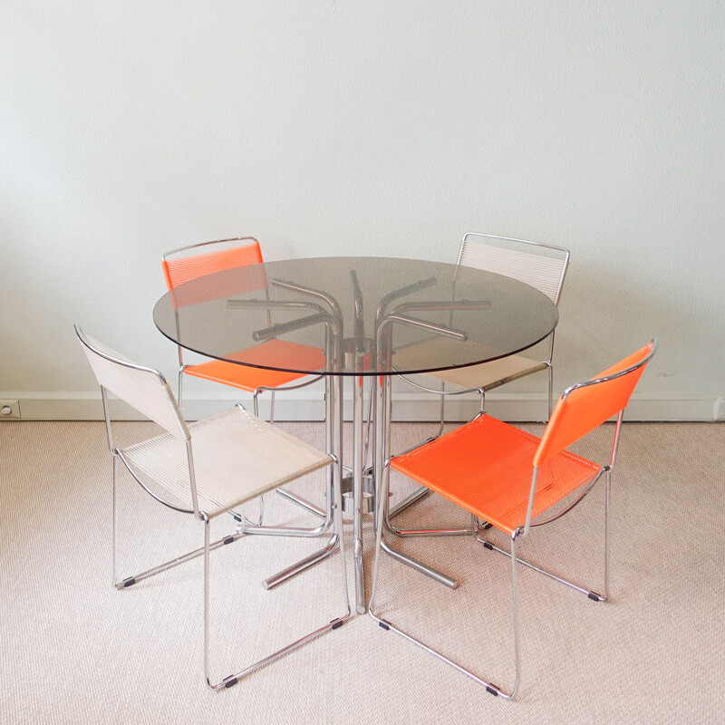 Italian vintage tubular chrome & glass dining table, 1970s