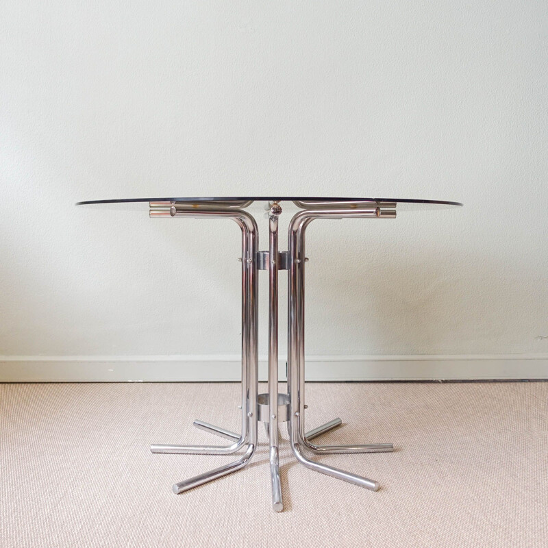 Vintage Italiaanse tafel in chromen buis en glas, 1970