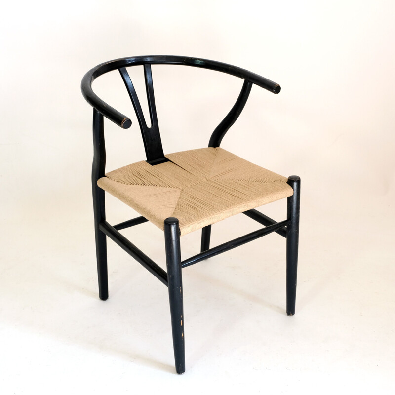 Silla vintage de madera teñida y cuerda, 1970