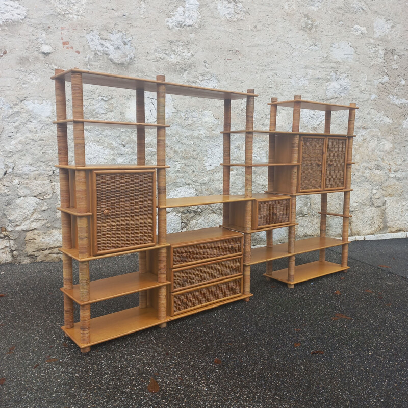 Modular vintage bookcase in rattan