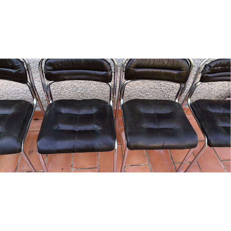 Set of 5 vintage chromed metal and skai chairs, 1970