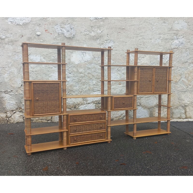 Modular vintage bookcase in rattan