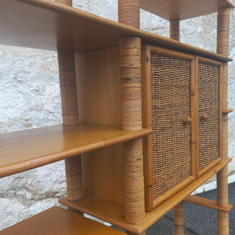 Modular vintage bookcase in rattan